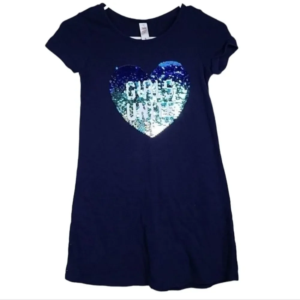 Justice Girls Flip Sequin Heart T-Shirt Dress Navy Blue 